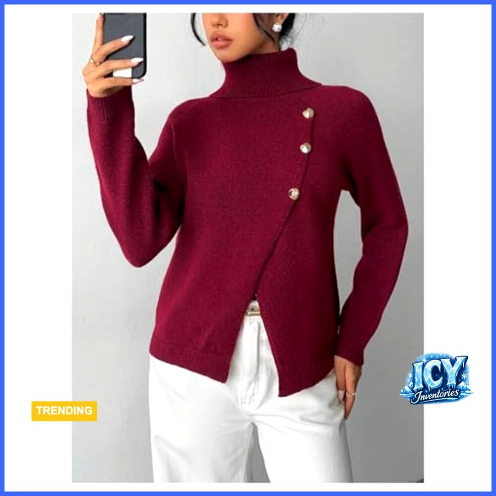 Fitted Pullover Sweater With Button Wrap Turtlene… - image 5